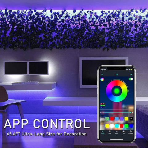 Living room lit with All In One 65.6Ft RGB LED Strip Lights Kit With UL Power Supply And IR Remote; phone app shown for control