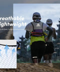 Runner wearing 5L Trail Running Hydration Vest With Soft Flasks Including 2 X 500ml Purple Medium Lightweight Bounce Free Fit With Breathable Mesh Panels For Gnarly Long Runs And Mountain Trails during a run.
