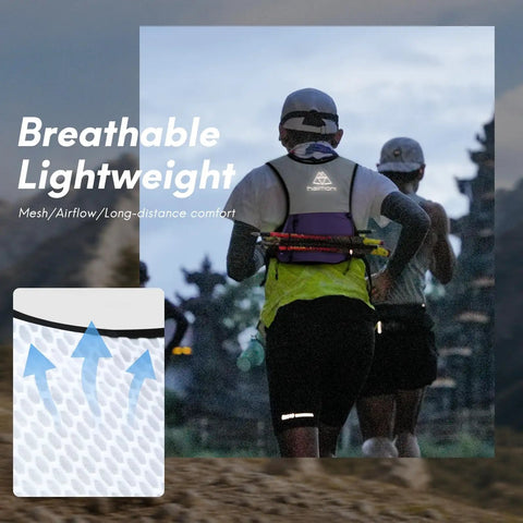 Runner wearing 5L Trail Running Hydration Vest With Soft Flasks Including 2 X 500ml Purple Medium Lightweight Bounce Free Fit With Breathable Mesh Panels For Gnarly Long Runs And Mountain Trails during a run.