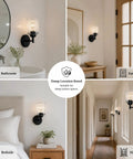 AOIOUR 10.4" 1‑Light Farmhouse Vanity Wall Sconce, Ribbed Glass Matte Black in bathroom and hallway settings.