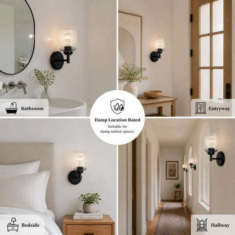 AOIOUR 10.4" 1‑Light Farmhouse Vanity Wall Sconce, Ribbed Glass Matte Black in bathroom and hallway settings.