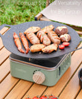 Kickin Mini Butane Camping Stove With 8205 BTU Output grilling sausages and vegetables outdoors on a patio.