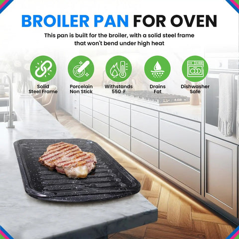 Broiler Pan For Oven Nonstick Porcelain Enamel Coated With Rack That Drains Fat And Circulates Heat Evenly on kitchen counter.