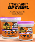 Color Changing Wall Repair Compound 16 Ounce Tub Goes Purple When Applied And Dries White, next to 32 oz tub on shelf