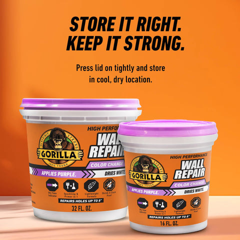 Color Changing Wall Repair Compound 16 Ounce Tub Goes Purple When Applied And Dries White, next to 32 oz tub on shelf