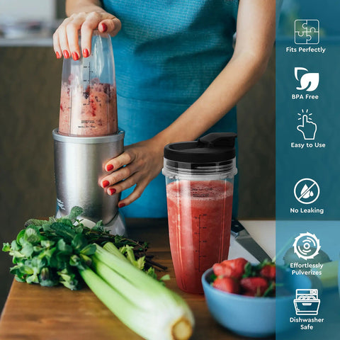 Person blending smoothie using 24oz Smoothie Blender Cups With Sip And Seal Lid Reusable Travel Shaker Cups For Shakes And Smoothies BPA Free Tritan Leakproof Design Easy Pour Ideal For On The Go Gym Office