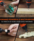 Pro Grade 12V Cordless Rotary Tool Kit with no cord needed demonstrating carving and sanding on wood DIY projects.