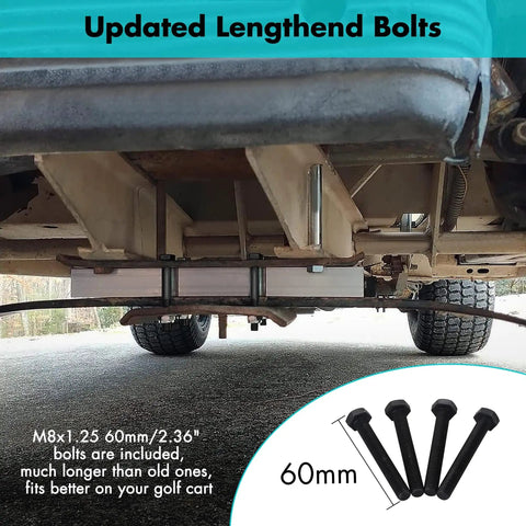 M8x1.25 60mm bolts installed on heavy duty one inch front end lift block for Club Car DS golf carts.