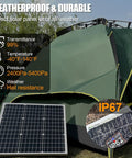 50W 12V Solar Panel Kit With Waterproof MPPT Controller Trickle Charger Maintainer For Boat Car RV Motorcycle All In One Solar Power System Easy Install Adjustable Mount Bracket displayed next to tent showing durability indicators like IP67 and temperature range.