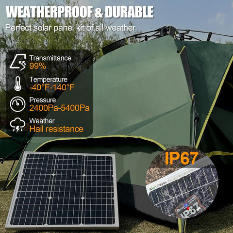 50W 12V Solar Panel Kit With Waterproof MPPT Controller Trickle Charger Maintainer For Boat Car RV Motorcycle All In One Solar Power System Easy Install Adjustable Mount Bracket displayed next to tent showing durability indicators like IP67 and temperature range.