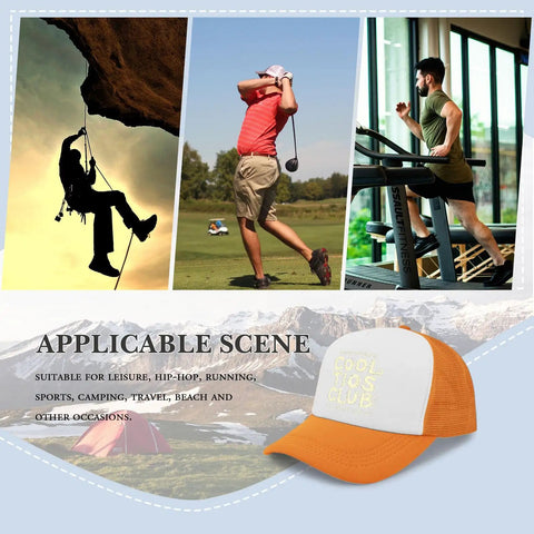 Orange and white baseball cap with "Cool Kids Club" text, ideal for leisure, sports, camping, and travel activities.