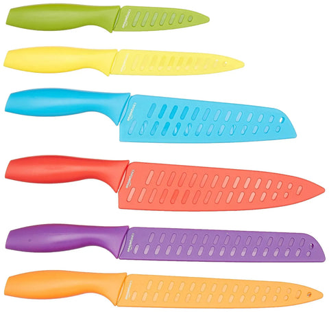 Twelve Piece Color Coded Kitchen Knife Set With Ergonomic Handles And Nonstick Blades Includes Chef Santoku Bread Paring Utility Carving Knives With Six Covers For Fast Prep And Slick Cleanup