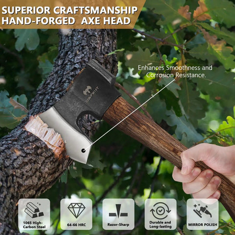 14.4 Inch Hatchet For Camping And Survival With Sheath chopping wood, showing forged 1065 carbon steel blade and beech handle.