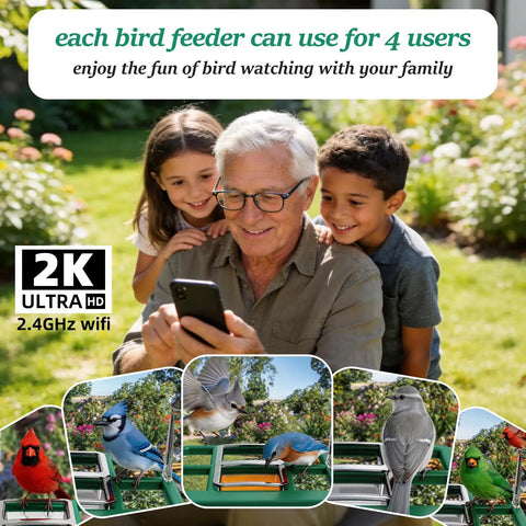 Family using Smart Bird Feeder With Camera 2K Live View Solar Powered Outdoor WiFi Night Vision AI Identify in a garden