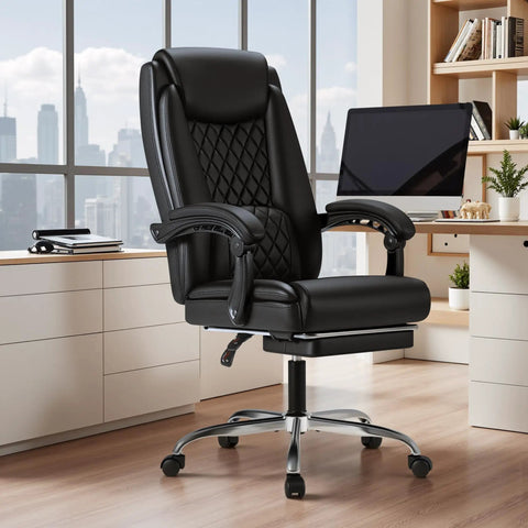 Ergonomic Office Chair With Footrest For All Day Comfort High Back Leather Desk Chair With 90 To 135 Degree Recline 360 Degree Swivel
