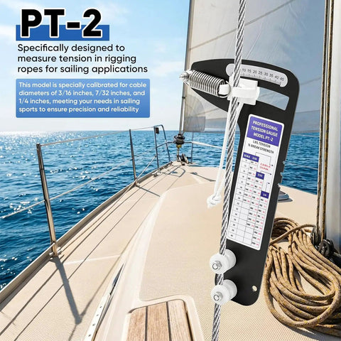 Rugged Sailboat Rigging Tension Gauge With Pro Grade Analog Dial 2000 Lb Max Load Multi Diameter Cable Groove mounted on sailboat mast