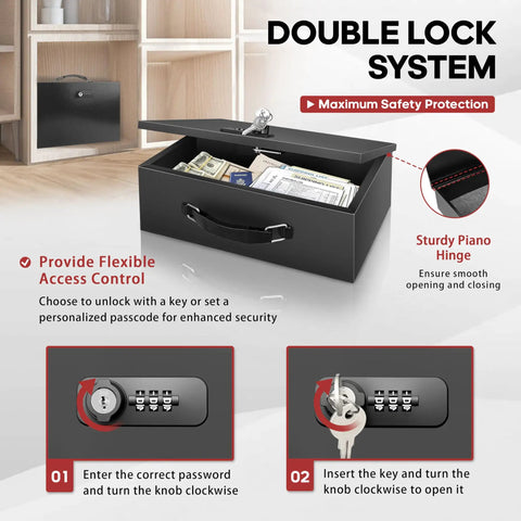Fireproof Lock Box With Key And Combination Lock For Home Office And Travel Portable Safe waterproof, open with cash and documents inside.