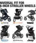 Collage of six strollers compatible with Three Pack Jogging Stroller Tire Replacement Set with Two 16x1.75 Rear Tires.