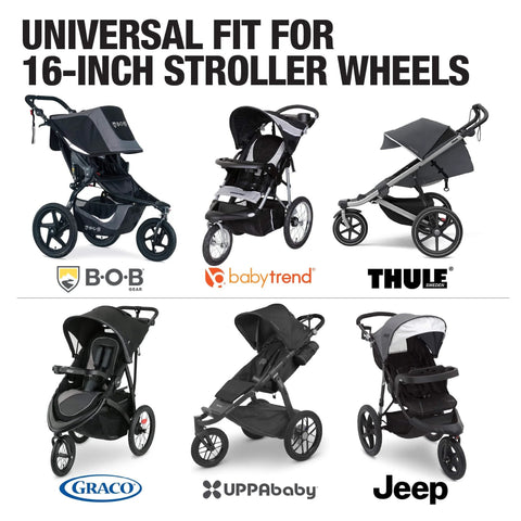 Collage of six strollers compatible with Three Pack Jogging Stroller Tire Replacement Set with Two 16x1.75 Rear Tires.
