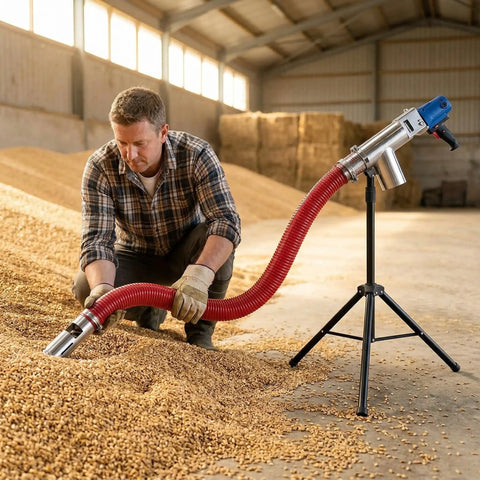 Man using Portable Grain Suction Auger Pump Workhorse For Cement Fertilizer And Gravel With High Efficiency Screw Conveyor And Stainless Steel Feed Inlet 237In Length Easy To Use For Home And Small Vehicle Use in a barn.
