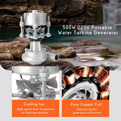 Portable 500W Hydro Turbine Generator For Home Use Off Grid Ready Eco Friendly Micro Hydroelectric Power System With 220V Output And 110V Compatibility For Lighting And Monitoring Rugged Aluminum Housing with cooling fan and copper coil