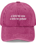 Front view of Dope Lil Bit Emo Yeehaw Style Hat For Women Adjustable Cap With Front Artwork, soft pink garment-washed fabric.