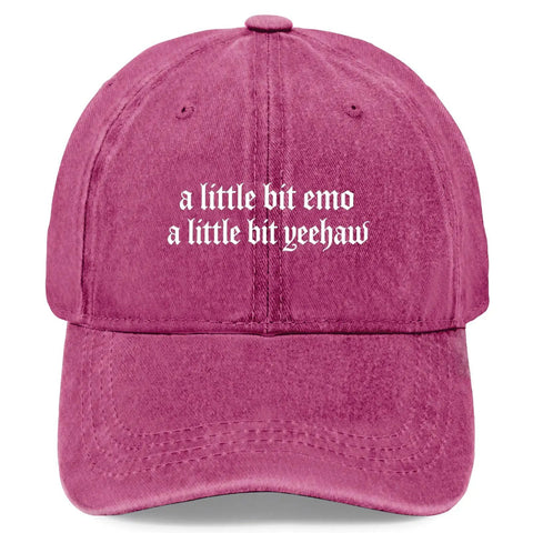 Front view of Dope Lil Bit Emo Yeehaw Style Hat For Women Adjustable Cap With Front Artwork, soft pink garment-washed fabric.