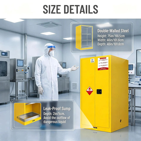 Laboratory view of 40 By 40 By 75 Inch Flammable Safety Cabinet 450 Gallon Heavy Duty 2 Door Fireproof Storage with details shown