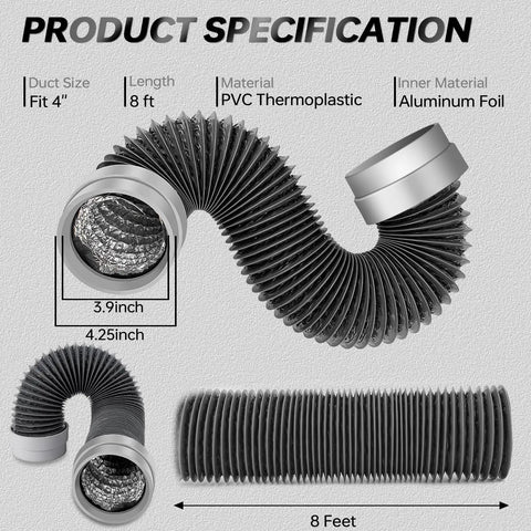 8Ft Flexible Aluminum Dryer Vent Hose 4 Inch Duct With Rubber Seal Connectors Insulated Exhaust Hose For Tight Spaces