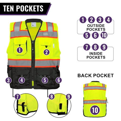 High Viz Safety Vest Lightweight Yet Durable With Reflective Tape Nine Pockets For Construction Transportation Running Cycling Hunting Yellow Green Black Large, highlighting ten pockets, front and back view