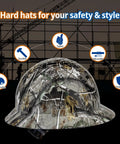 Full Brim HDPE Safety Hard Hat With 6 Point Ratchet Suspension OSHA Compliant Lightweight Built Tough Work Helmet For Men And Women Camouflage Black Gray Ideal For Construction Sites And Outdoor Projects with descriptive icons.
