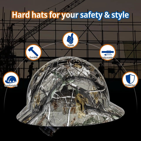 Full Brim HDPE Safety Hard Hat With 6 Point Ratchet Suspension OSHA Compliant Lightweight Built Tough Work Helmet For Men And Women Camouflage Black Gray Ideal For Construction Sites And Outdoor Projects with descriptive icons.