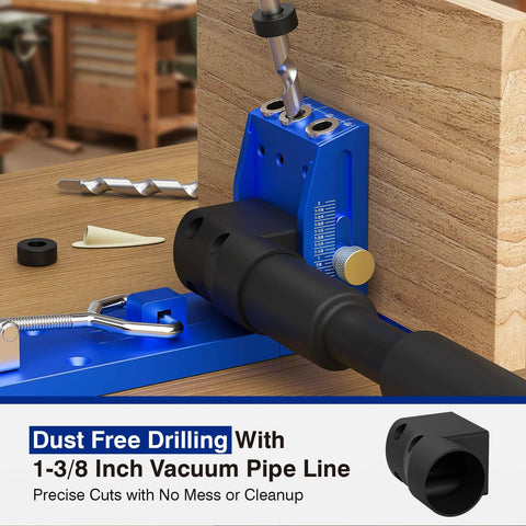 Pocket Hole Jig Kit For Five Eighths Inch To Two Inch Range with vacuum adapter and titanium drill bits in use on wood
