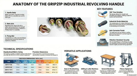 Anatomy of the Grip21P industrial revolving handle showcasing its nylon body, steel axle, and fixing nut for machinery use.