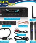 Image showing components of 1000W Bluetooth Home Theater Karaoke Receiver With Five Point Two Channel Stereo Amplifier Dual UHF Wireless Mics.