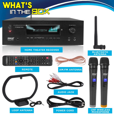 Image showing components of 1000W Bluetooth Home Theater Karaoke Receiver With Five Point Two Channel Stereo Amplifier Dual UHF Wireless Mics.