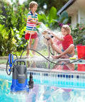 Badass 1HP Submersible Sump Pump Pushes Hella Fast 4500GPH with kids washing a dog beside a pool.