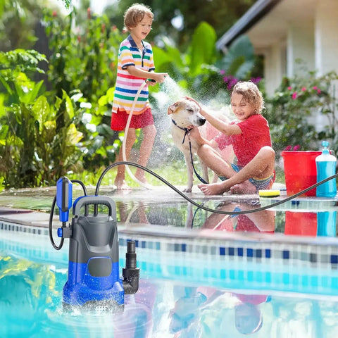 Badass 1HP Submersible Sump Pump Pushes Hella Fast 4500GPH with kids washing a dog beside a pool.