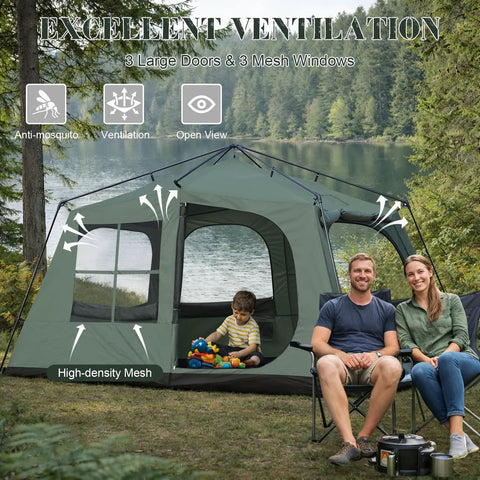 Family Cabin Tent For 6-8 With Porch And 2 Rooms, Waterfront Glamping Tent with 3 Doors, Spacious and Ventilated, Outdoor Setup