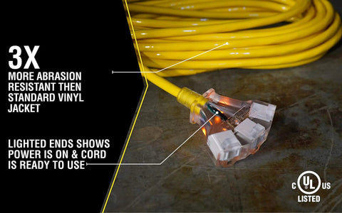 Heavy Duty Outdoor Extension Cord With Power Light Indicator, 12 Gauge SJTW, High Visibility Yellow, 50 Foot, lighted plug on concrete