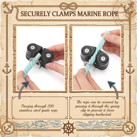Two Pack Cam Cleat Set With Wire Flaired Leading Ring, 316 Stainless Steel, Fits 3mm To 15mm Rope, Quick Rope Threading For Sailboats