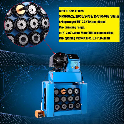 Hardcore Heavy Duty Top Shelf High Pressure Hydraulic Hose Crimper Machine With 13 Interchangeable Dies and compact design for quick tube shrinking.