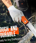 Close-up of 11 Inch Folding Camping Saw With Heavy Duty Pruning Blade in action on a branch.