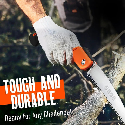 Close-up of 11 Inch Folding Camping Saw With Heavy Duty Pruning Blade in action on a branch.