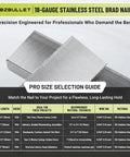 Pro Grade 18 Gauge Rust Proof Stainless Steel Brad Nails 1 1 4 Inch 304 Alloy Finishing Fasteners For Pneumatic And Electric Brad Nailer 2000 Count Box laid out with size selection guide.