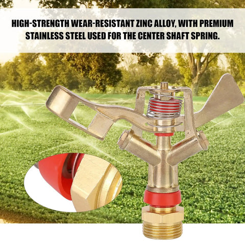 Heavy Duty Impact Sprinkler Set 2 Pack For Lawn And Garden Irrigation No Fuss Three Quarter Inch Male Thread Sprinkler Heads 25mm With Far Reach Coverage Easy Install For Farm Yard And Agricultural Use, close view showing brass and red components