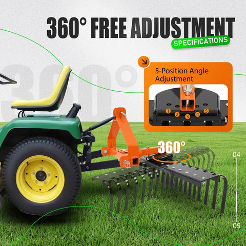 3 Point Rock Rake For Category 0 Tractors With 360 Degree Rotation attached to green tractor on grass
