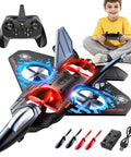 Foam RC Airplane For Kids And Adults with 2.4 GHz remote, colorful lights, and accessories, shown with smiling child ready for fun.