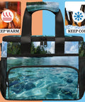 Picnic Backpack Cooler With Built In Lunch Box Insulated For Women And Men, showing warm and cold food symbols, beach design