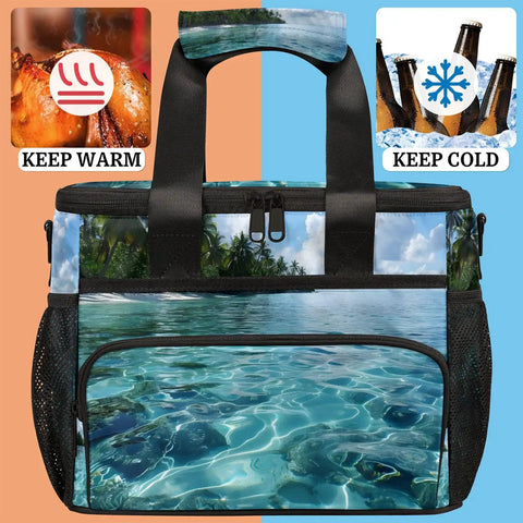 Picnic Backpack Cooler With Built In Lunch Box Insulated For Women And Men, showing warm and cold food symbols, beach design